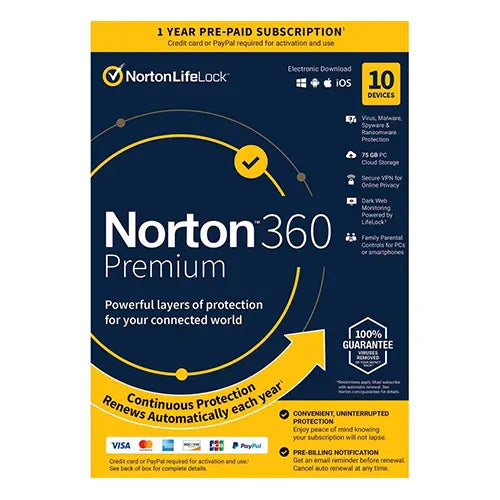 Norton 360 Premium Internet Security 1 Year 10 Devices 75GB Cloud Storage